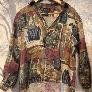 Deadstock Silk Vintage Abstract Print Button-Up Shirt - Rust & Olive